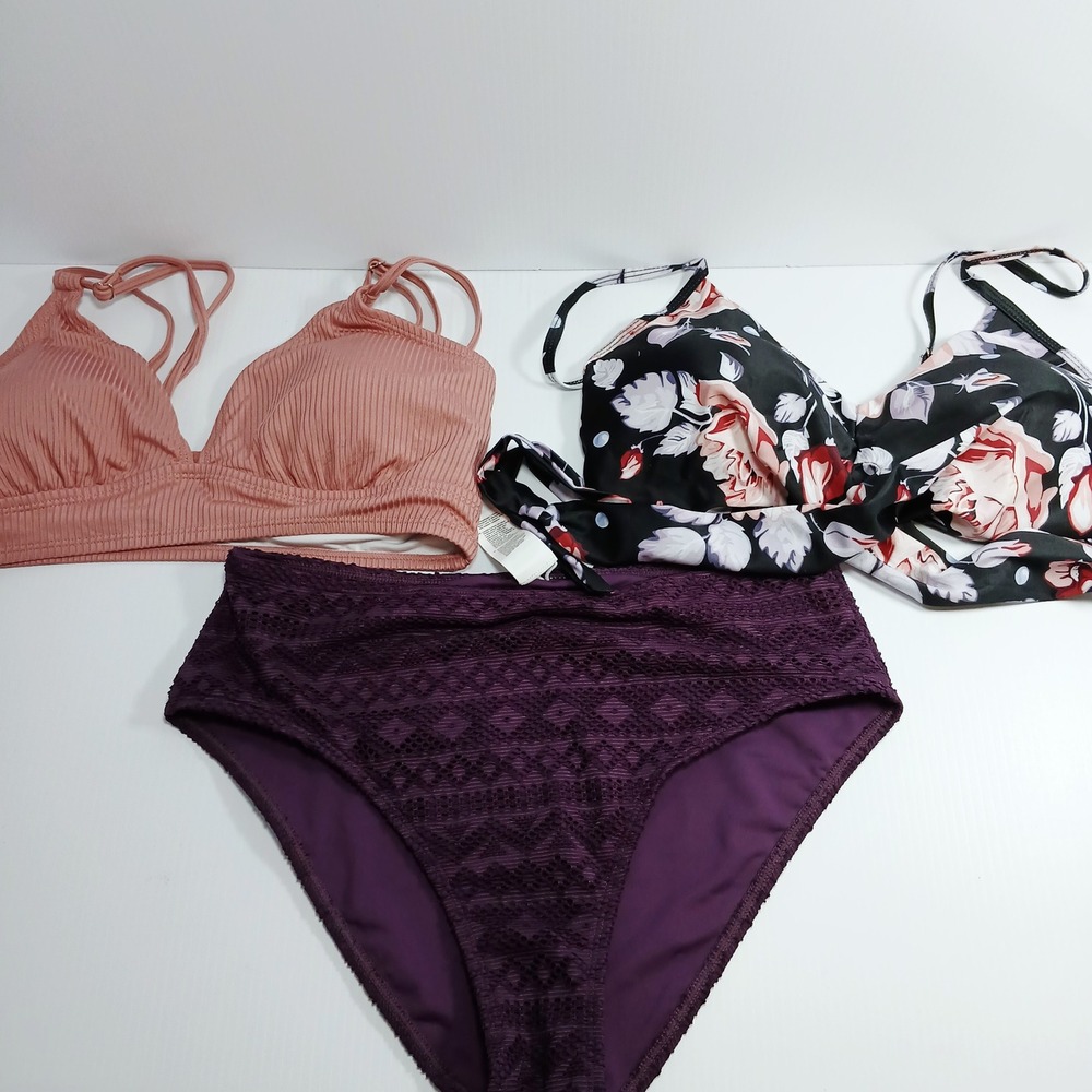Womens 3 Piece Bikini Set High Waisted Plum Lace Ribbed &‎ Floral Tops Medium